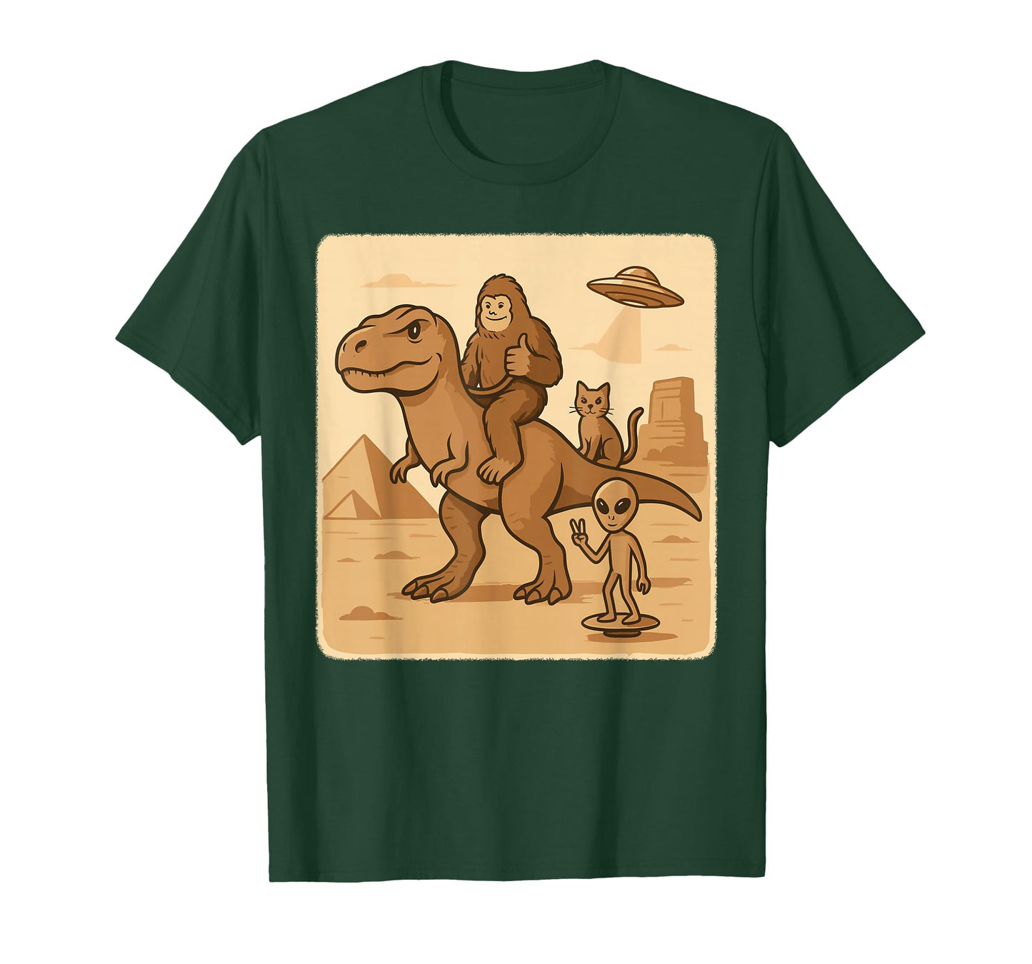 Bigfoot Riding T Rex with Alien Cat UFO Desert Scene T-Shirt