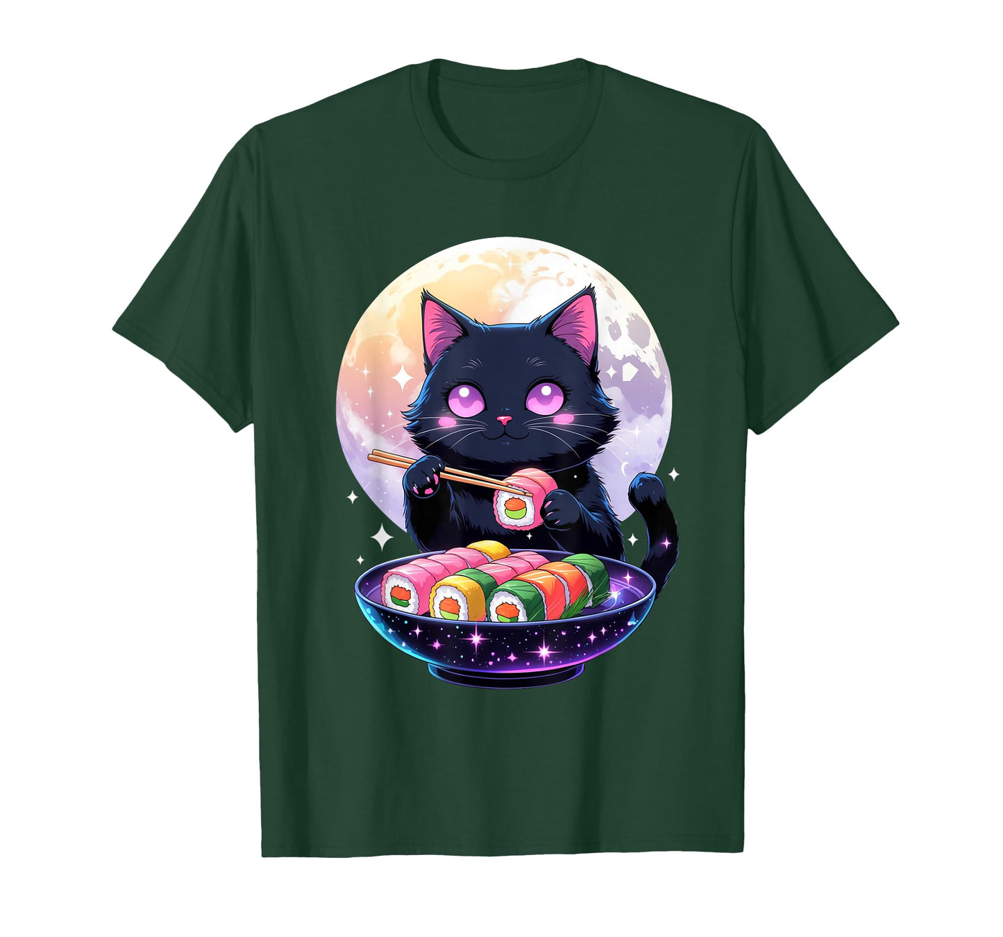 Kawaii Black Cat Eating Sushi Japanese Anime Cute Cat Girls T-Shirt
