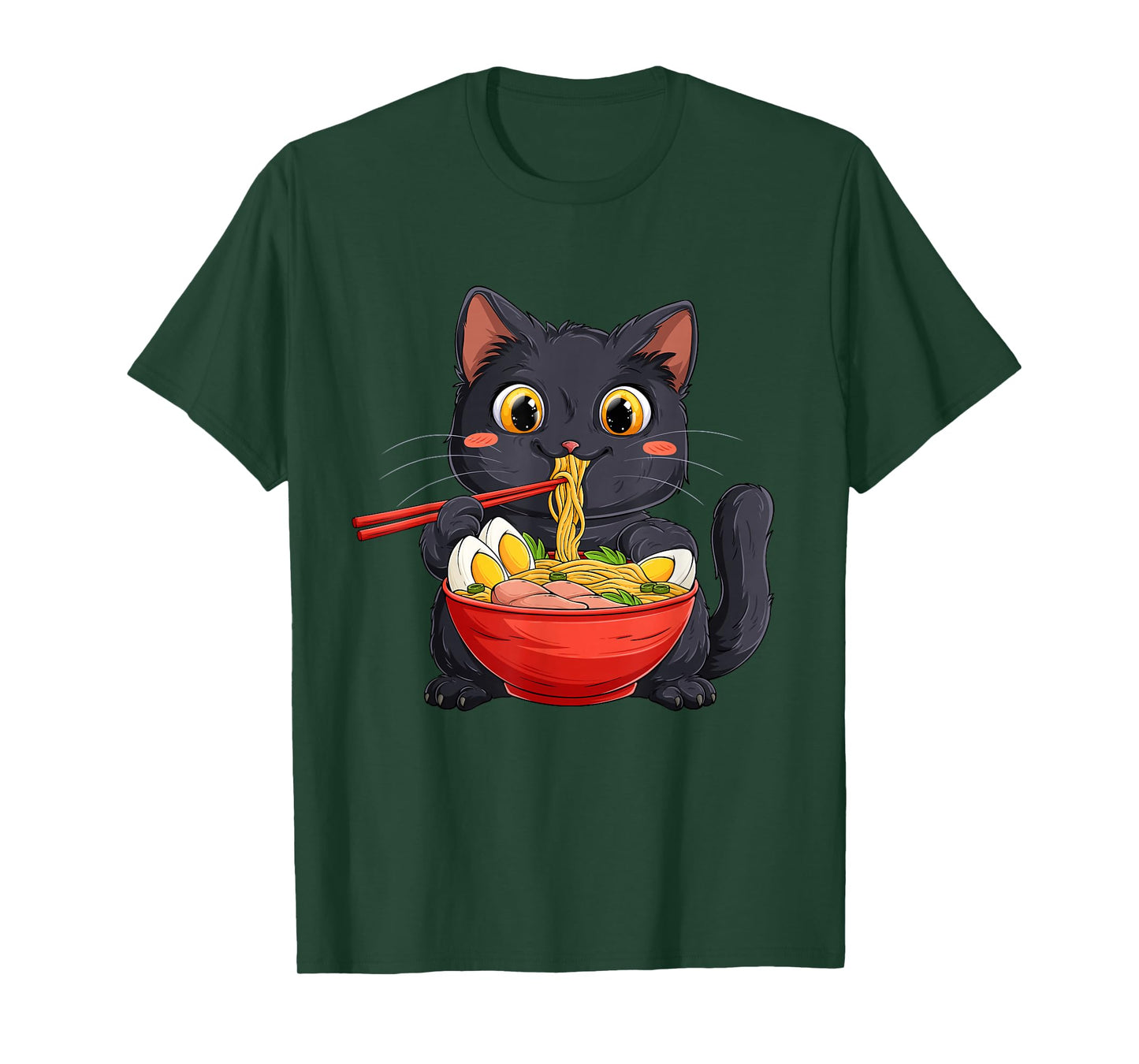 Black Cat Eating Ramen Noodle – Kawaii Anime Style T-Shirt