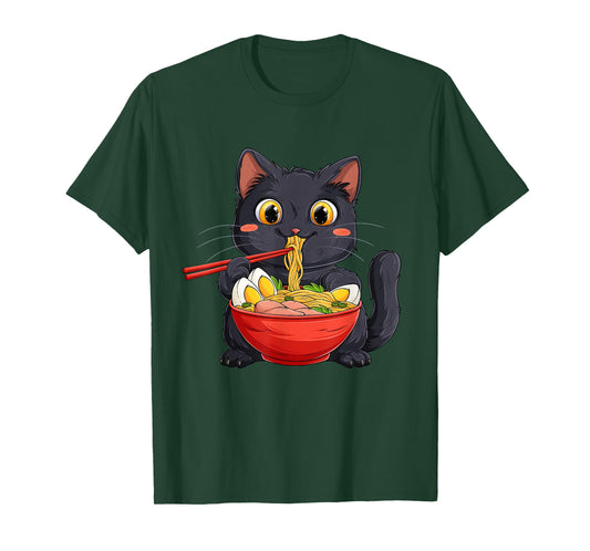 Black Cat Eating Ramen Noodle – Kawaii Anime Style T-Shirt