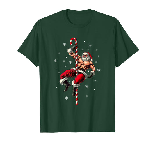 Full Muscle Santa Claus with Candy Cane Stripper Pole T-Shirt