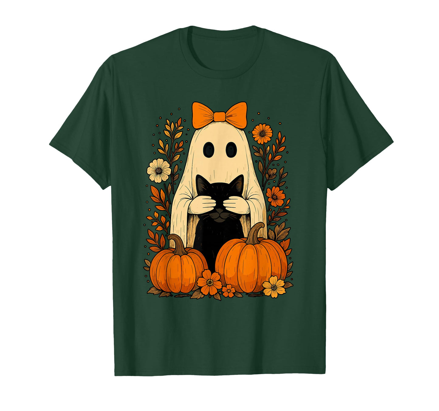 Funny Ghost Bow Holding Black Cat Fall Halloween T-Shirt