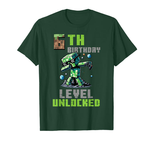 6th Birthday Level Unlocked Pixel Dab 6 Bday Gamer Boys Kids T-Shirt