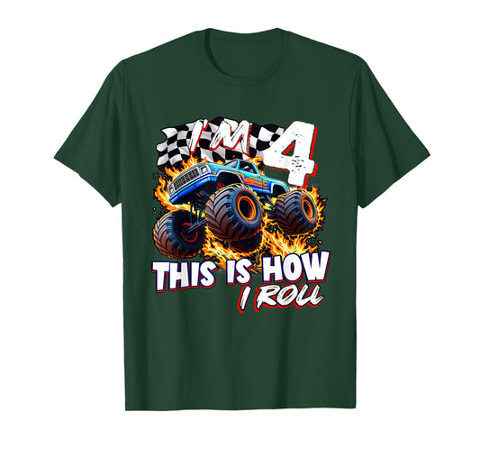 Funny 4 Year Old Birthday Boy Monster Truck 4th Bday Kids T-Shirt