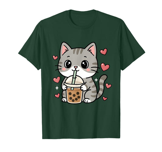 Cute Grey Cat Boba Tea Bubble Tea Anime Kawaii Neko Women T-Shirt