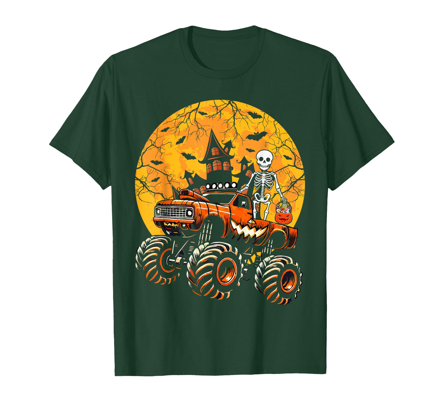 Halloween Skeleton Riding Monster Truck Pumpkin Boys Kids T-Shirt