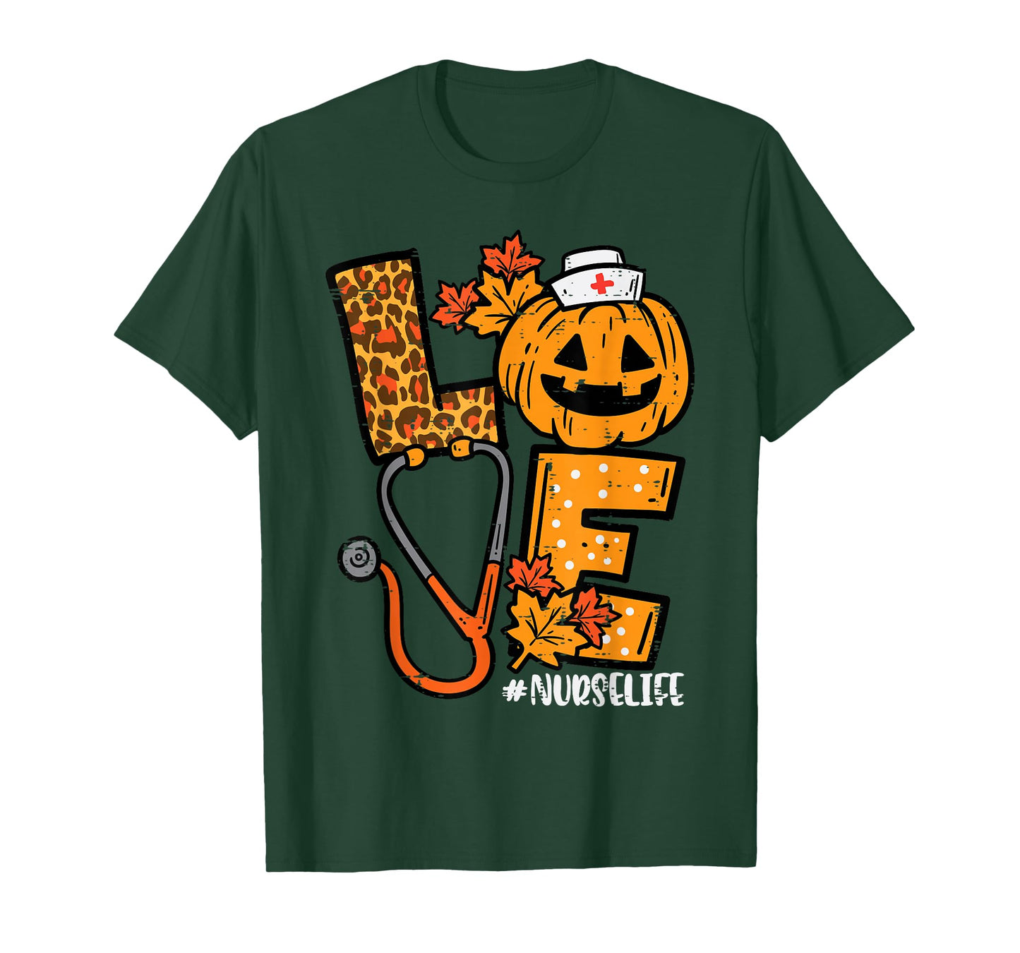Leopard Pumpkin Nurse Halloween Costume Fall Scrub Top Women T-Shirt