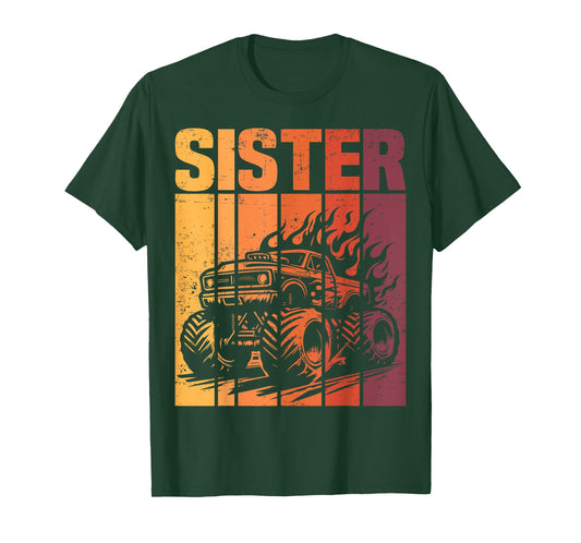 Retro Monster Truck Sister Matching Family Birthday Party T-Shirt