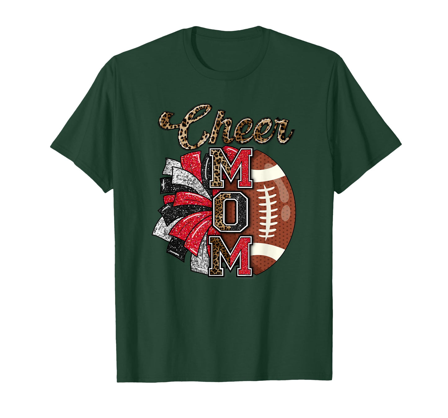 Football Cheer Mom Red Black Pom Leopard T-Shirt