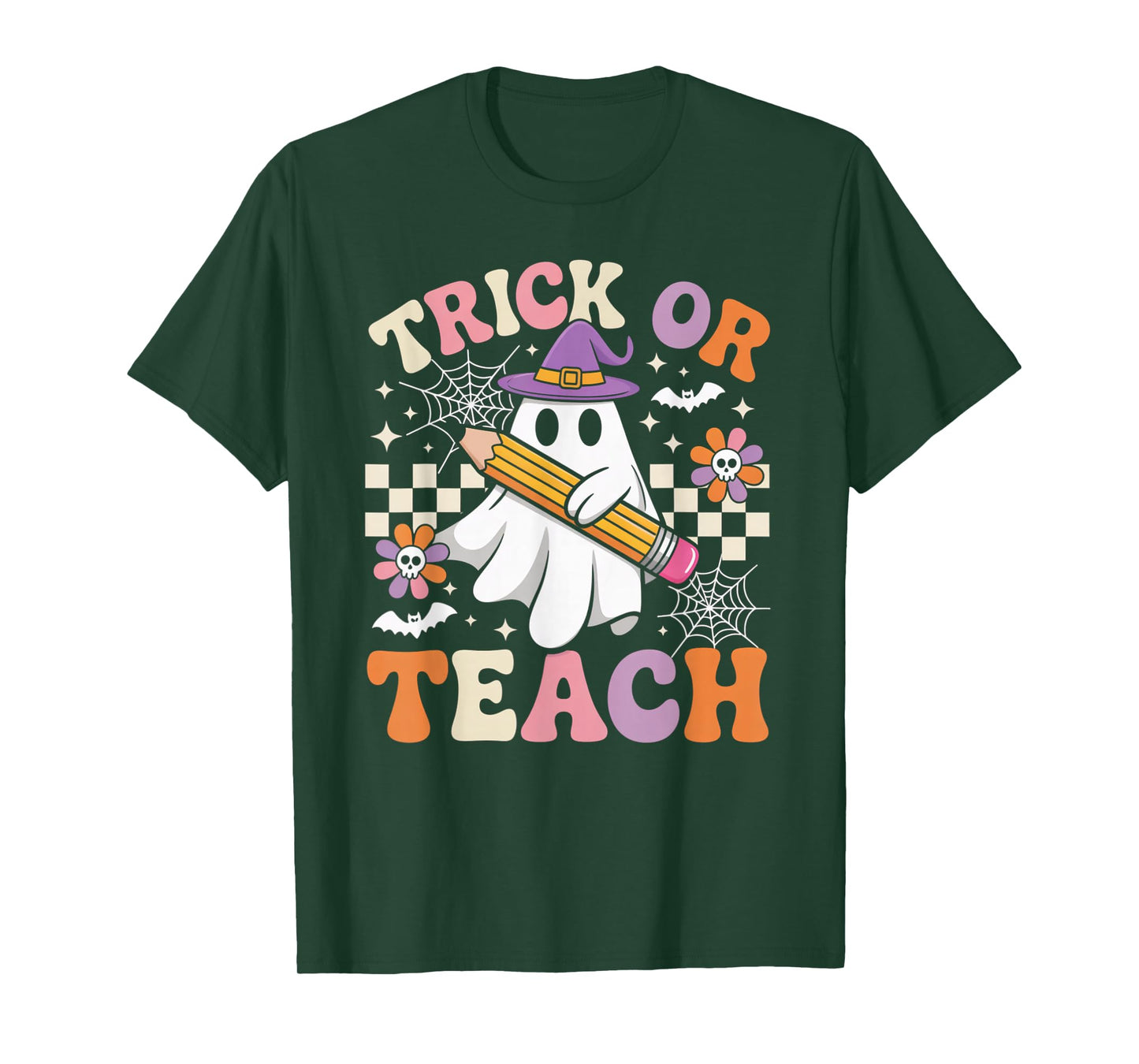 Trick Or Teach Groovy Teacher Halloween Retro Ghost Gifts T-Shirt