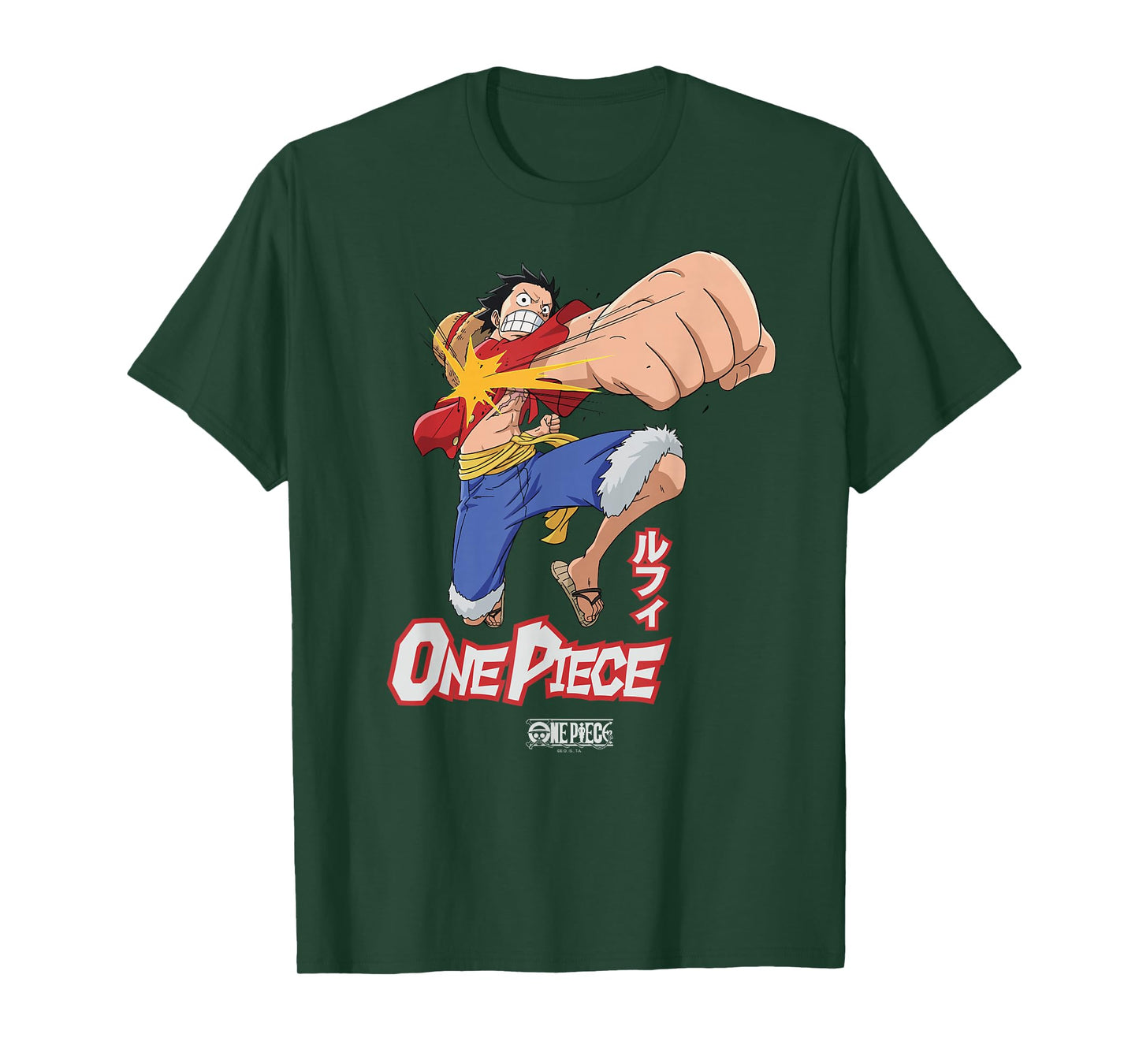 One Piece Anime Luffy Attack Pose Flying Fist with Kanji T-Shirt