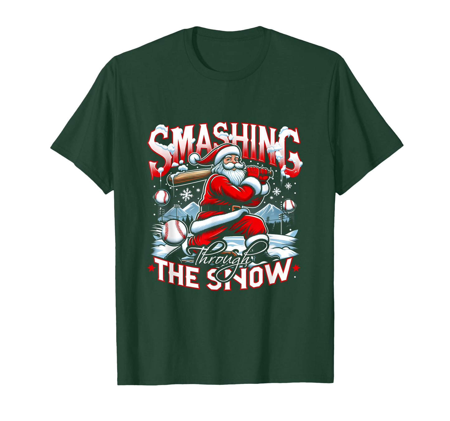 Baseball Player Christmas Santa Smashing Through Snow T-Shirt