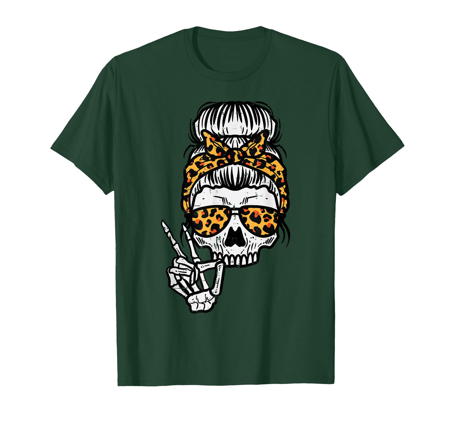 Skeleton Skull Leopard Hairbun Halloween Costume Women Mom T-Shirt