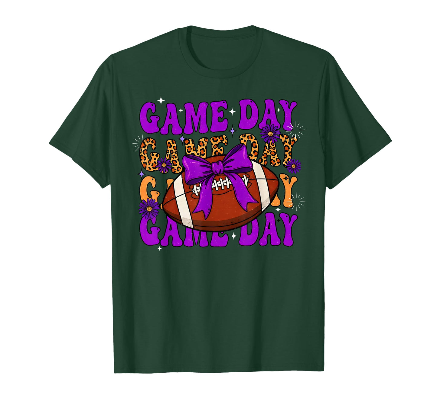 Purple Leopard Game Day Football Bow Touchdown Season T-Shirt