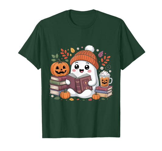 Cute Ghost Reading Book Lover Halloween Ghost Coffee Pumpkin T-Shirt
