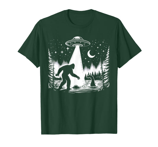 Cryptid Bigfoot, Loch Ness Monster, & UFO Alien Spaceship T-Shirt