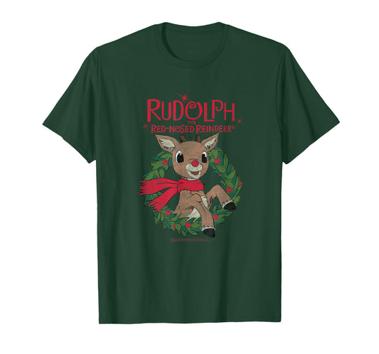 Rudolph Holiday Wreath Illustration Vintage Christmas T-Shirt