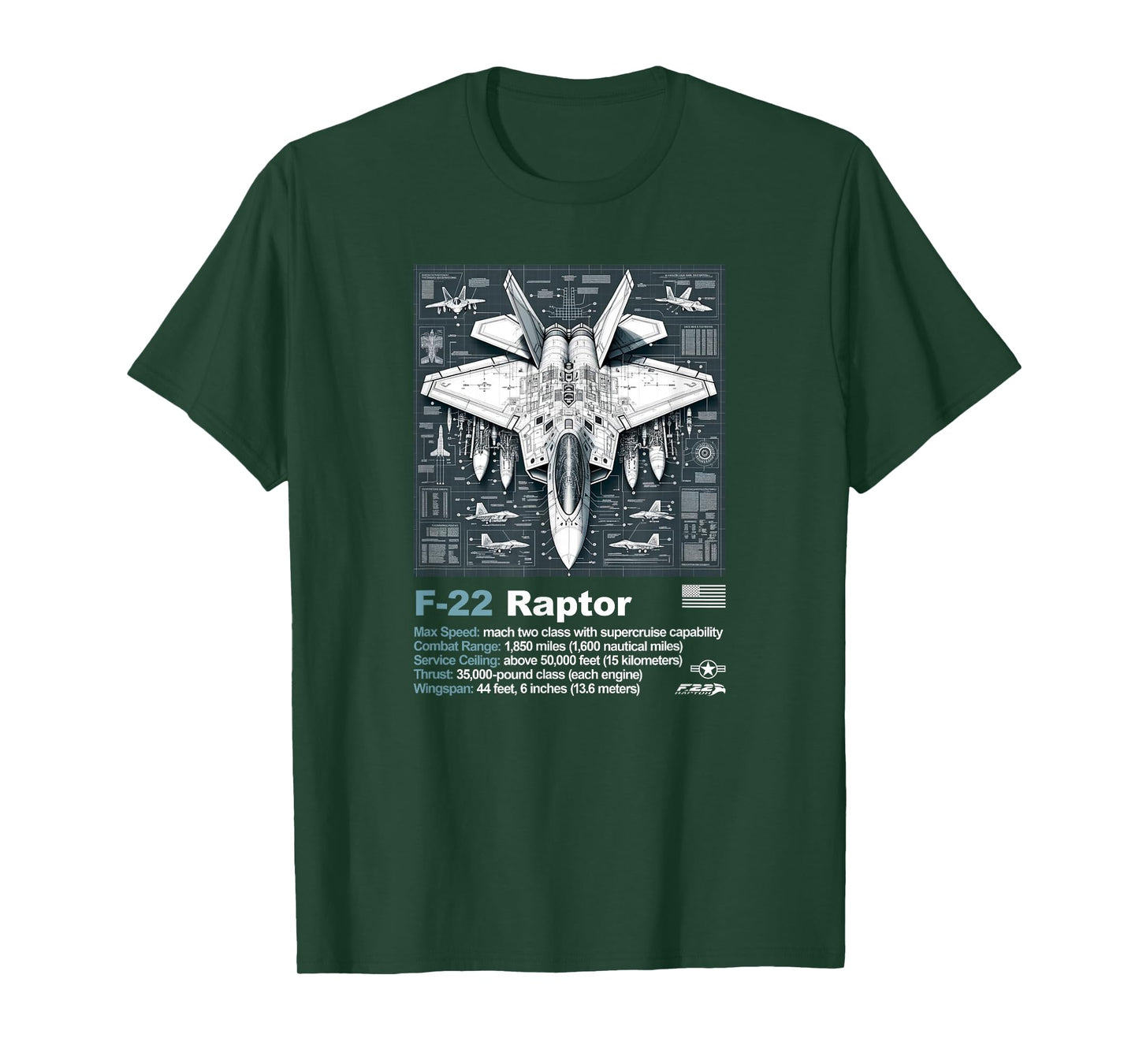 F22 Raptor Fighter Jet Blueprint Technical Drawing & Specs T-Shirt