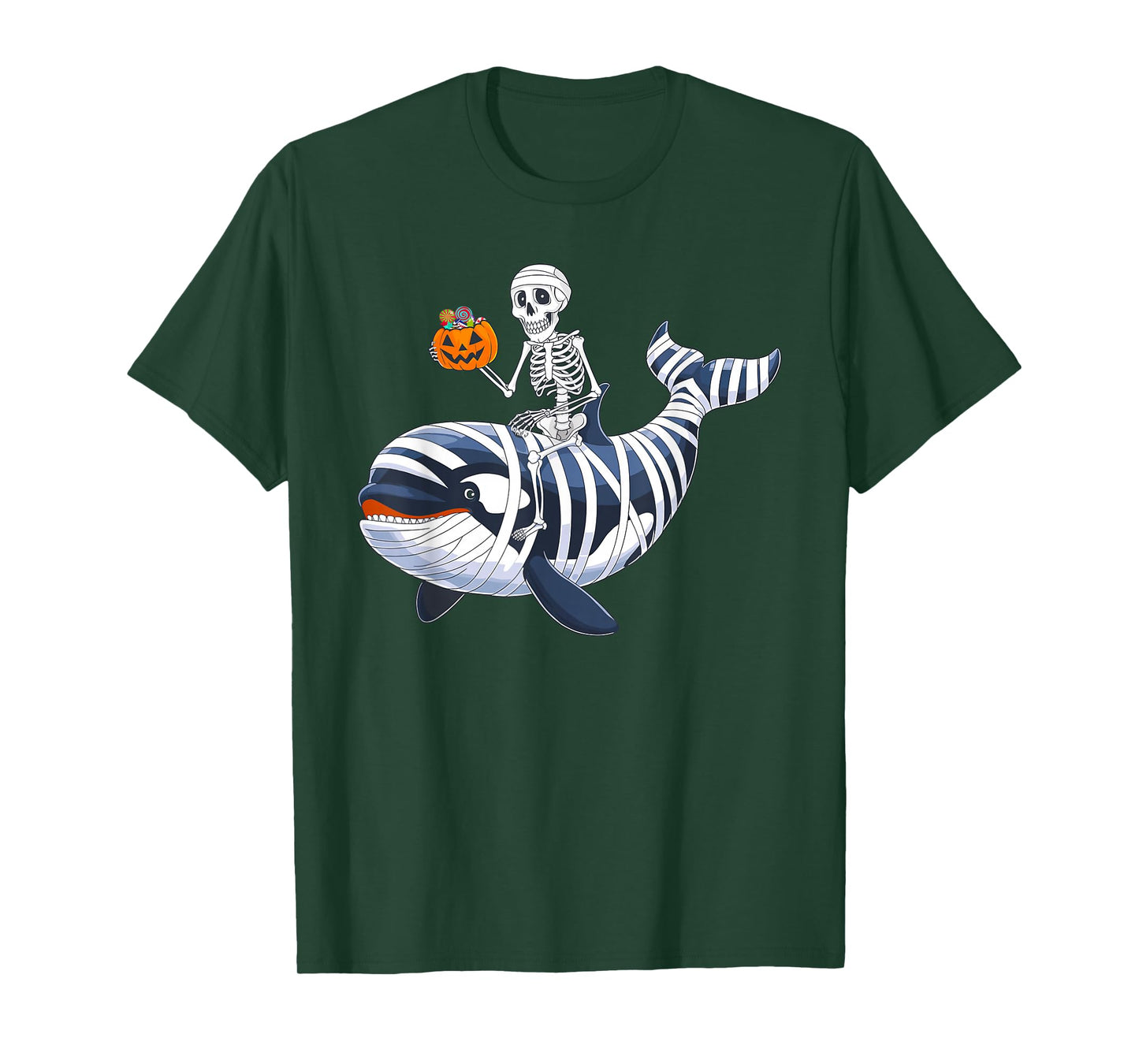 Skeleton Riding Mummy Orca Halloween Candy Whale T-Shirt