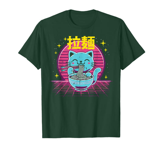Japanese Cat Ramen Vaporwave Retro Anime Women Men Girls Kid T-Shirt