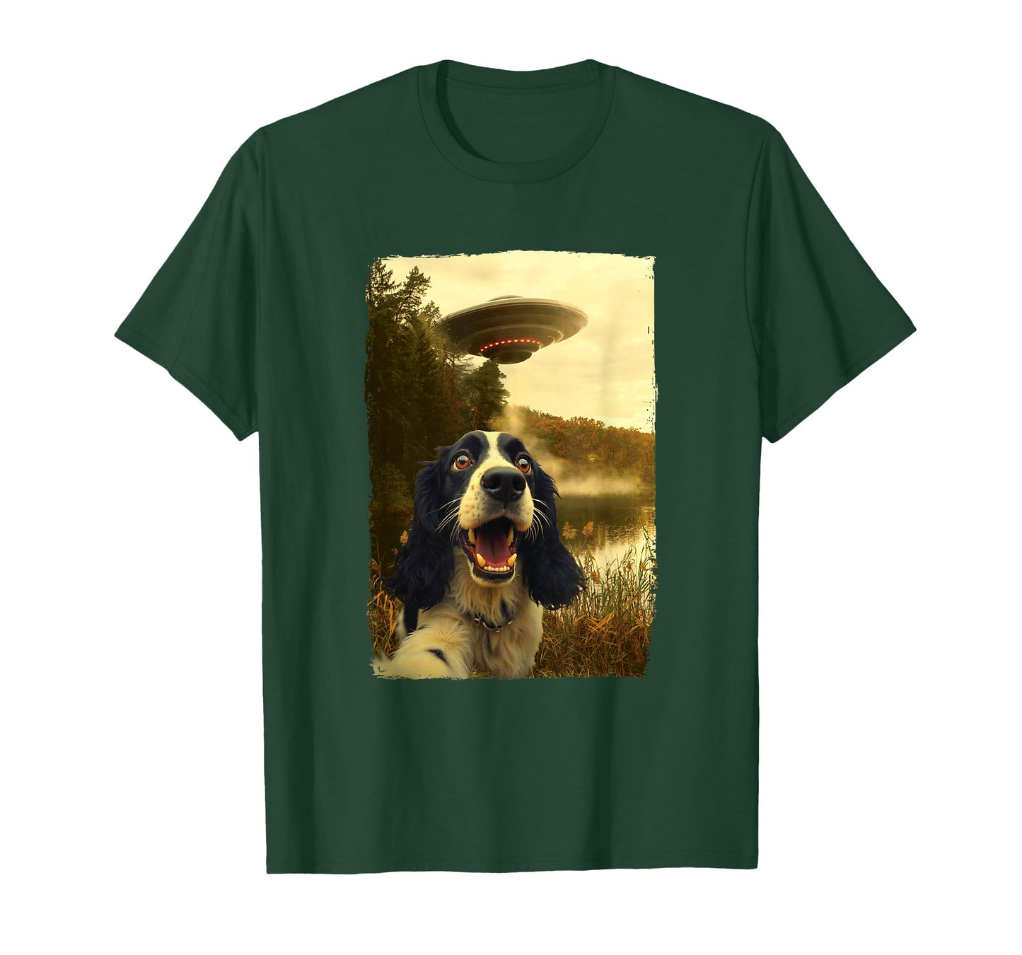 Funny English Springer Spaniel Dog UFO Encounter Aliens Men Women Kids T-Shirt