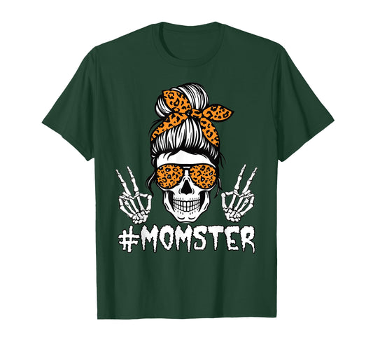 Momster Halloween Skull Mom Leopard Messy Bun Hair Monster T-Shirt
