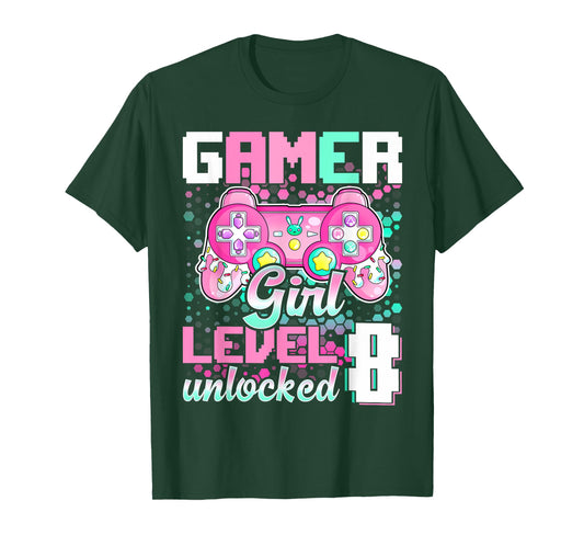8th Birthday Gift Gamer Girl Level 8 Unlocked Video Game T-Shirt