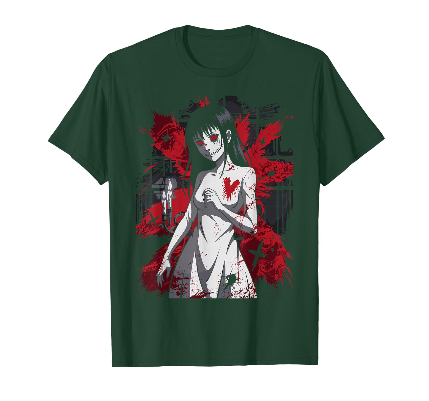 Creepy Anime Girl Horror Gothic Bloody Heart T-Shirt