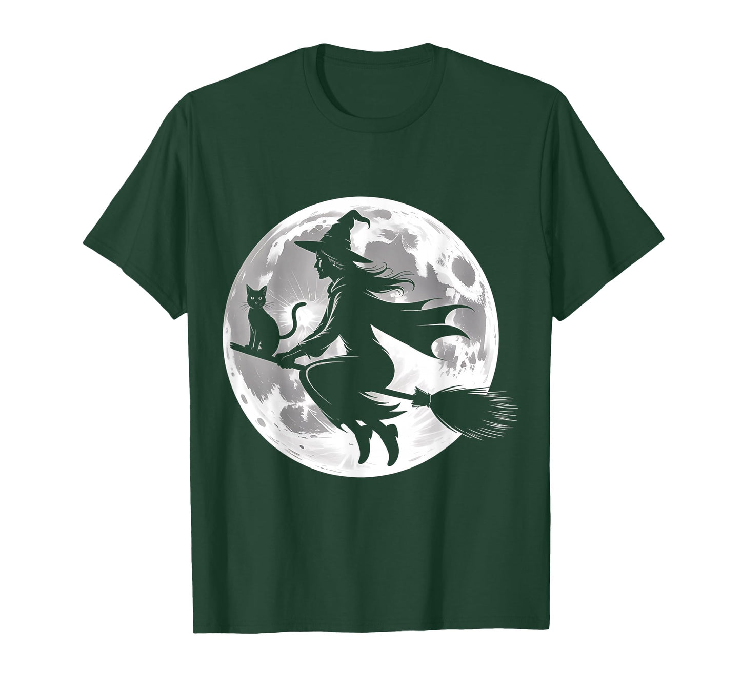 Flying Witch On Broomstick Halloween Full Moon Black Cat T-Shirt