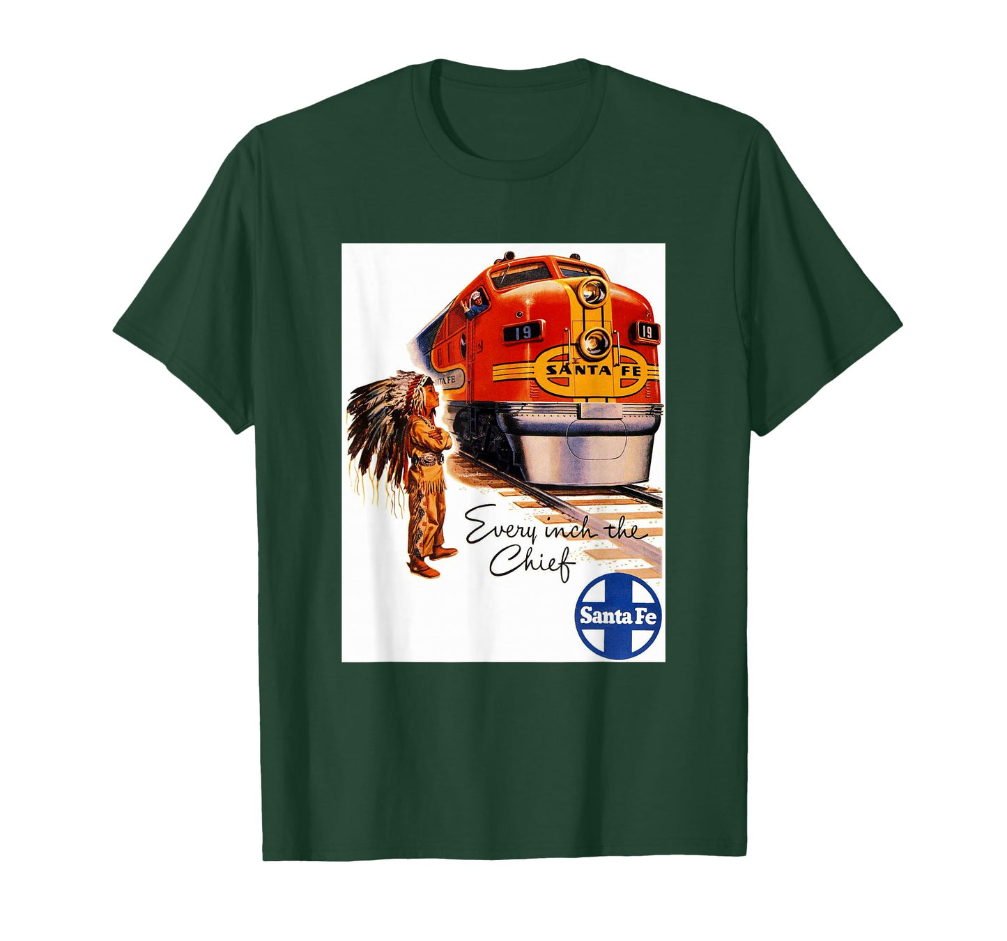 Retro Vintage Movie Posters Prints Ads Santa Fe Railway Native American Train Rails Travel T-Shirt - Men's X-Small Black Crew Neck Short Sleeve Classic Fit Pull On T-Shirt