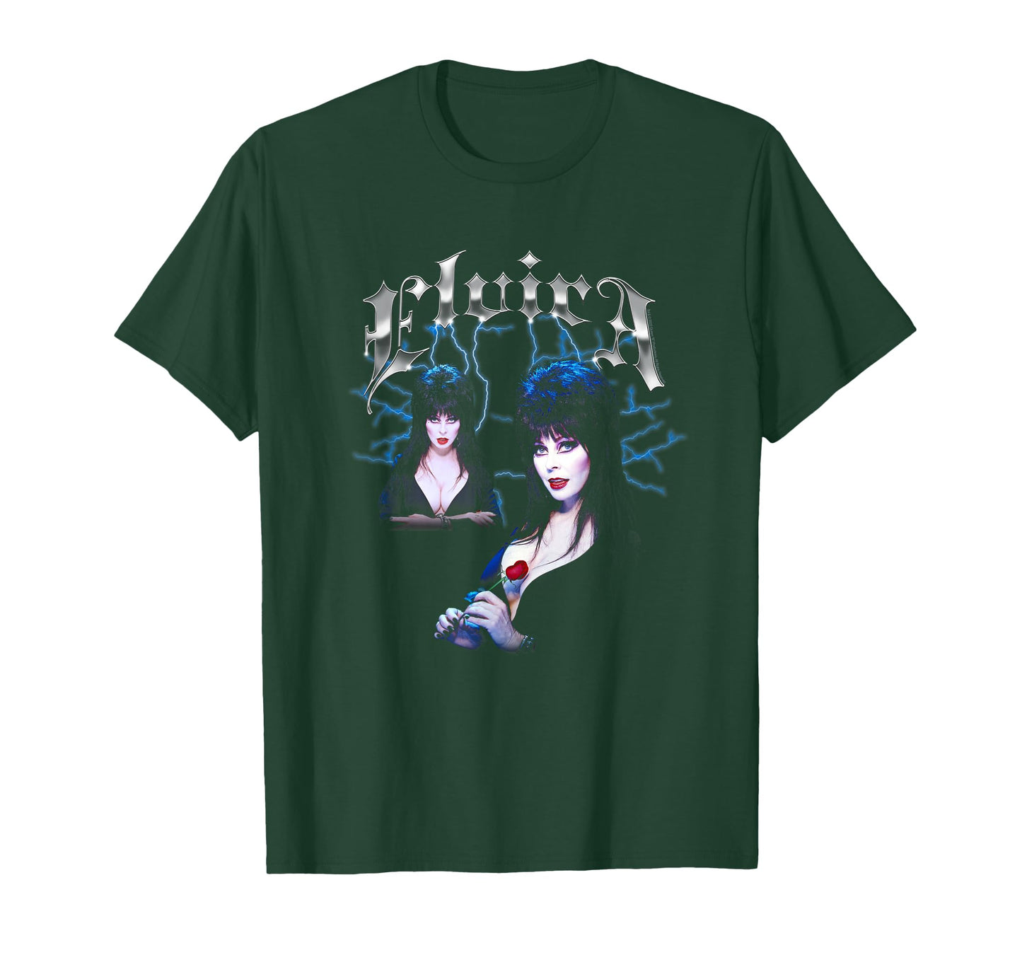 Elvira, Mistress of The Dark Chrome Name and Poses Pin-Up T-Shirt