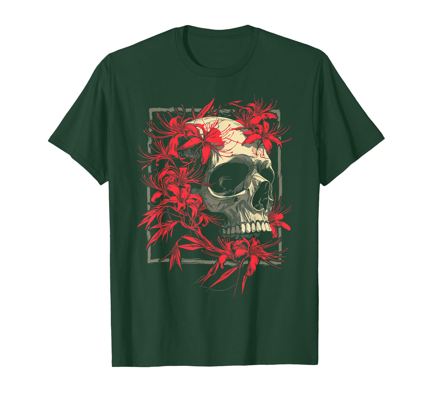 Red Spider Lily Flower Skull Skeleton Japanese Anime Otaku T-Shirt