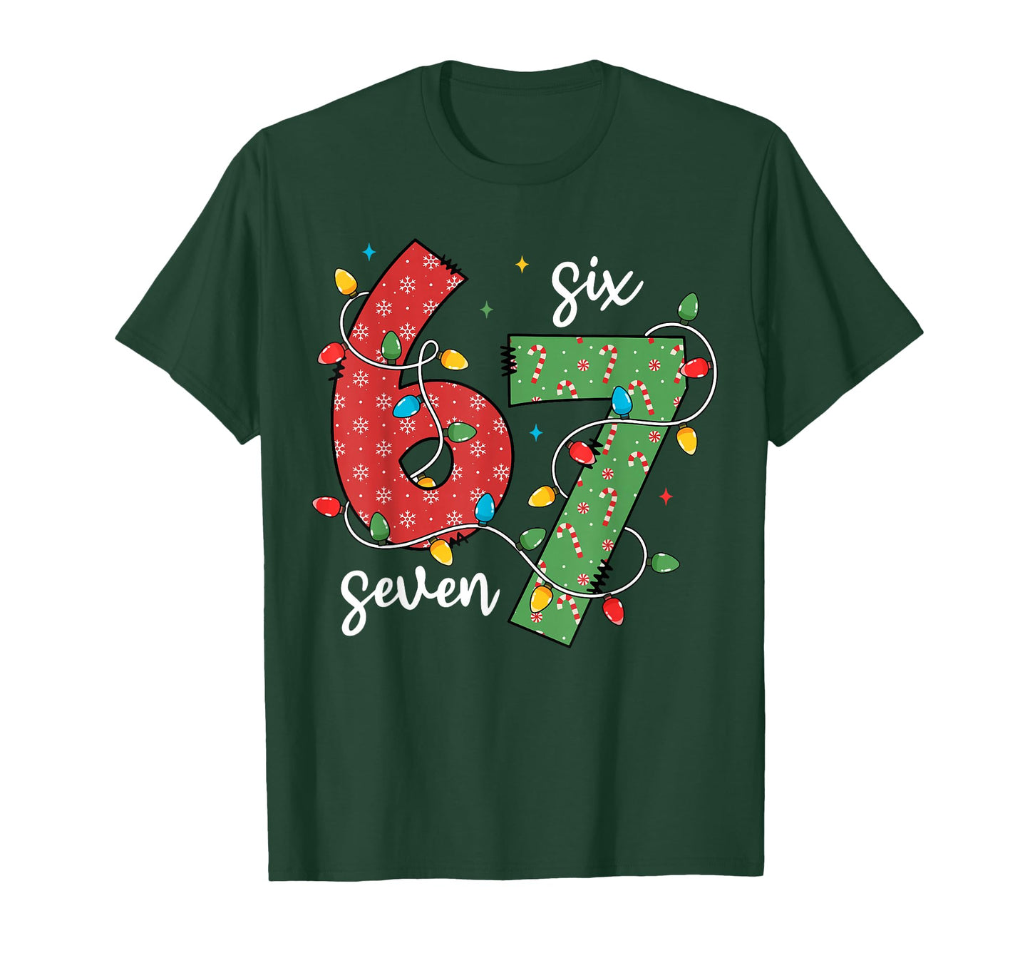 6 7 Six Seven Meme Xmas Lights Candy Cane Christmas Holiday T-Shirt