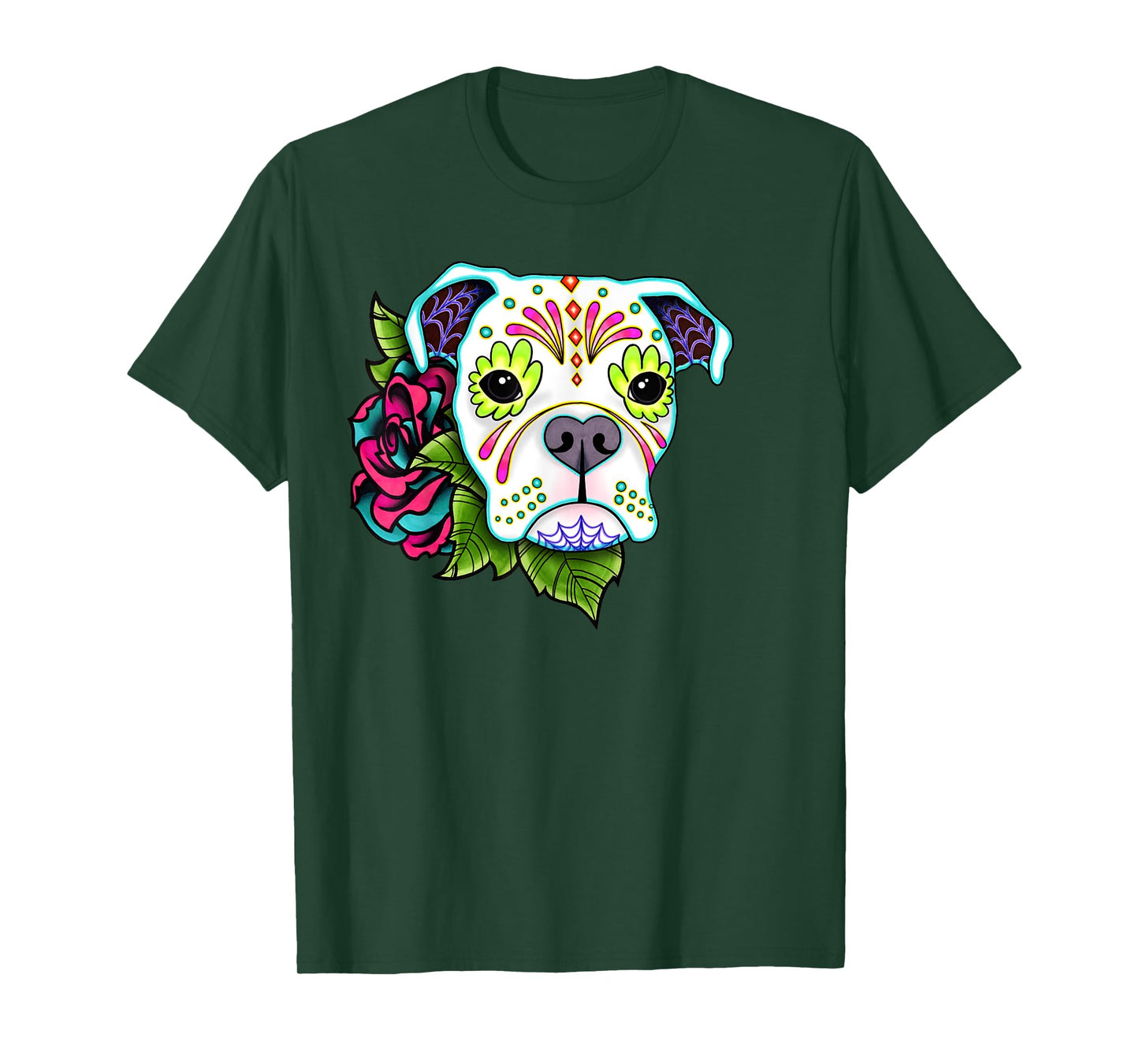 Boxer in White - Day of the Dead Sugar Skull Dog Men Women Kids T-Shirt