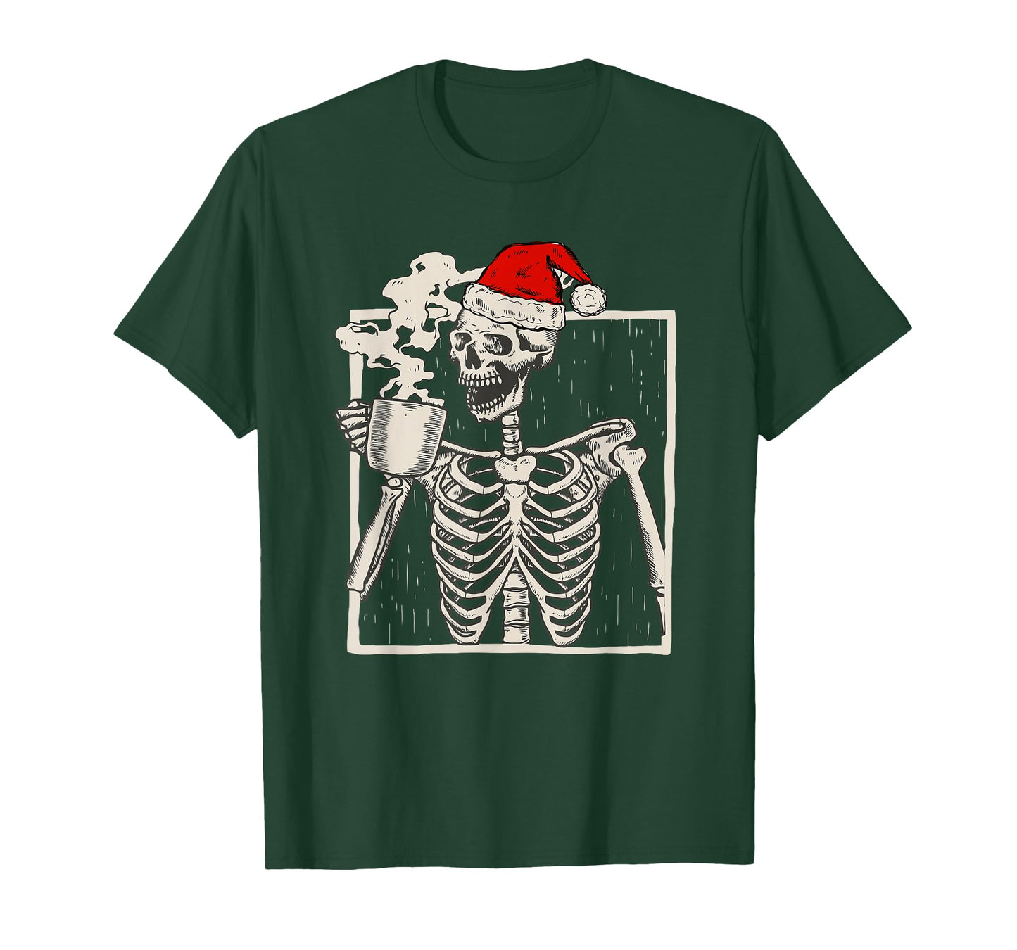Christmas Skeleton With Smiling Skull Drinking Coffee Latte T-Shirt