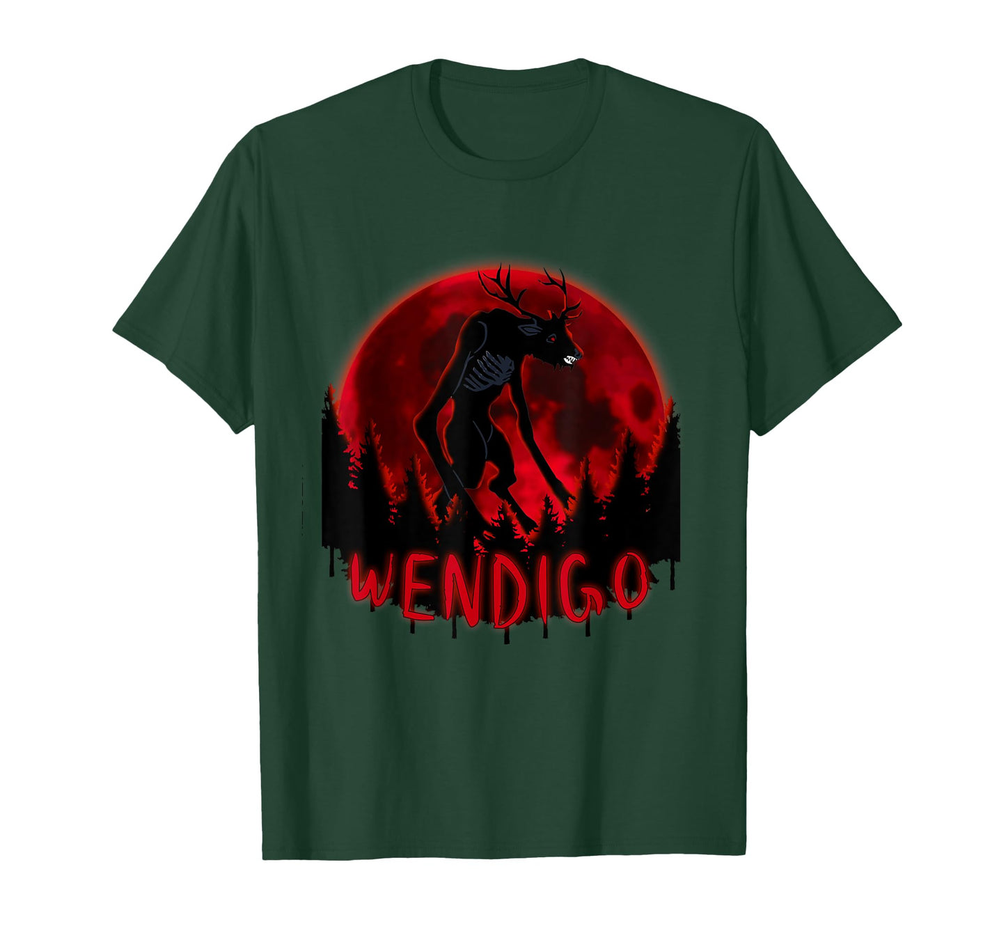 Red Full Moon in a ghost forest Wendigo Folklore T-Shirt