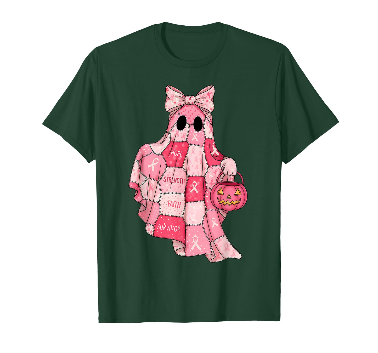 Pink Patchwork Ghost Witch Breast Cancer Awareness Halloween T-Shirt