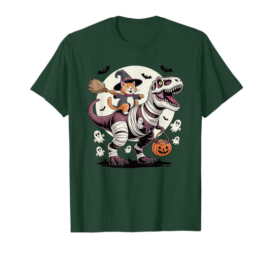 Cat Riding Mummy Dinosaur T-Rex Halloween Boys Kids T-Shirt