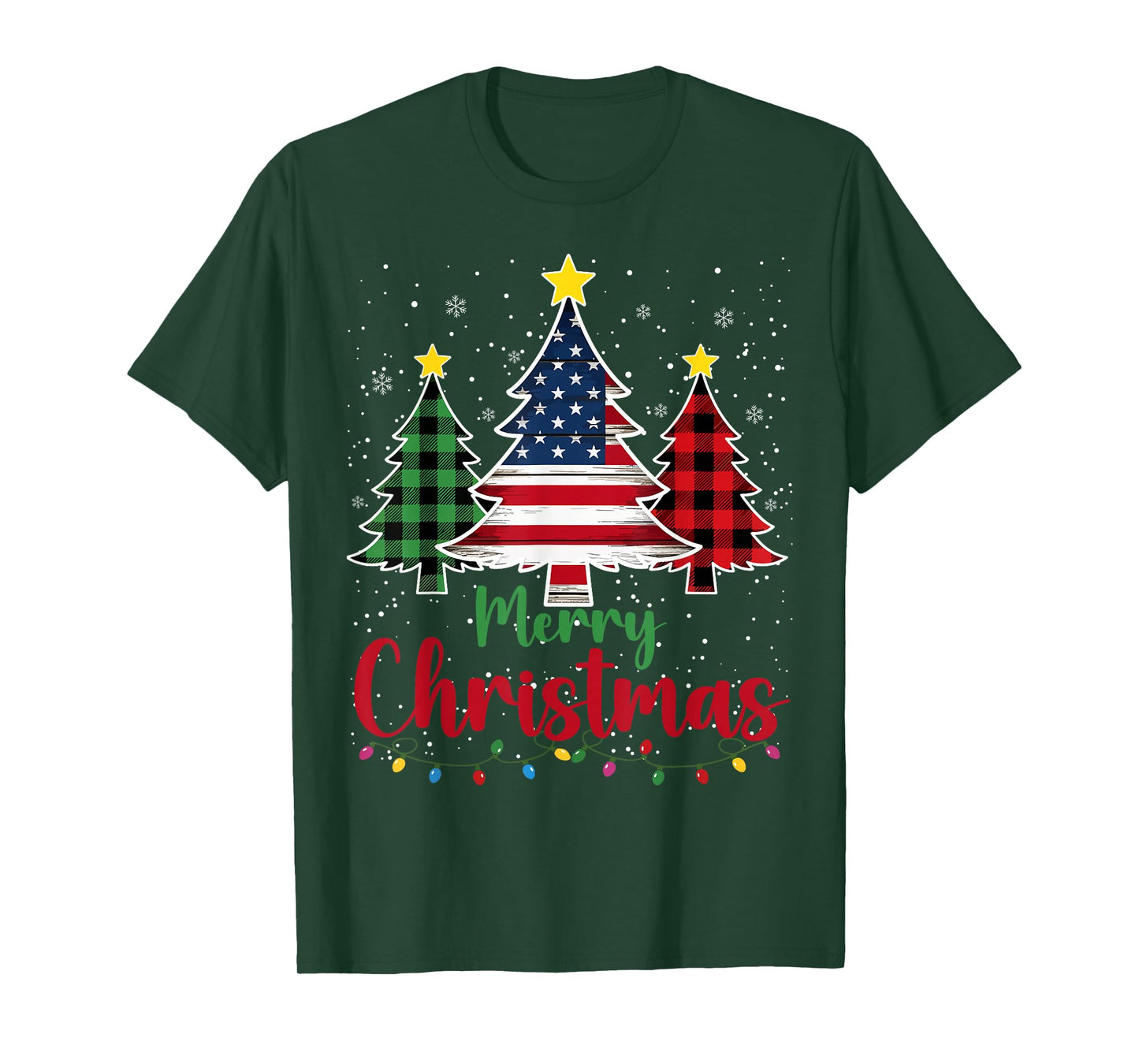 Merry Christmas Tree Plaid US Flag Snowflake Xmas Men Women T-Shirt