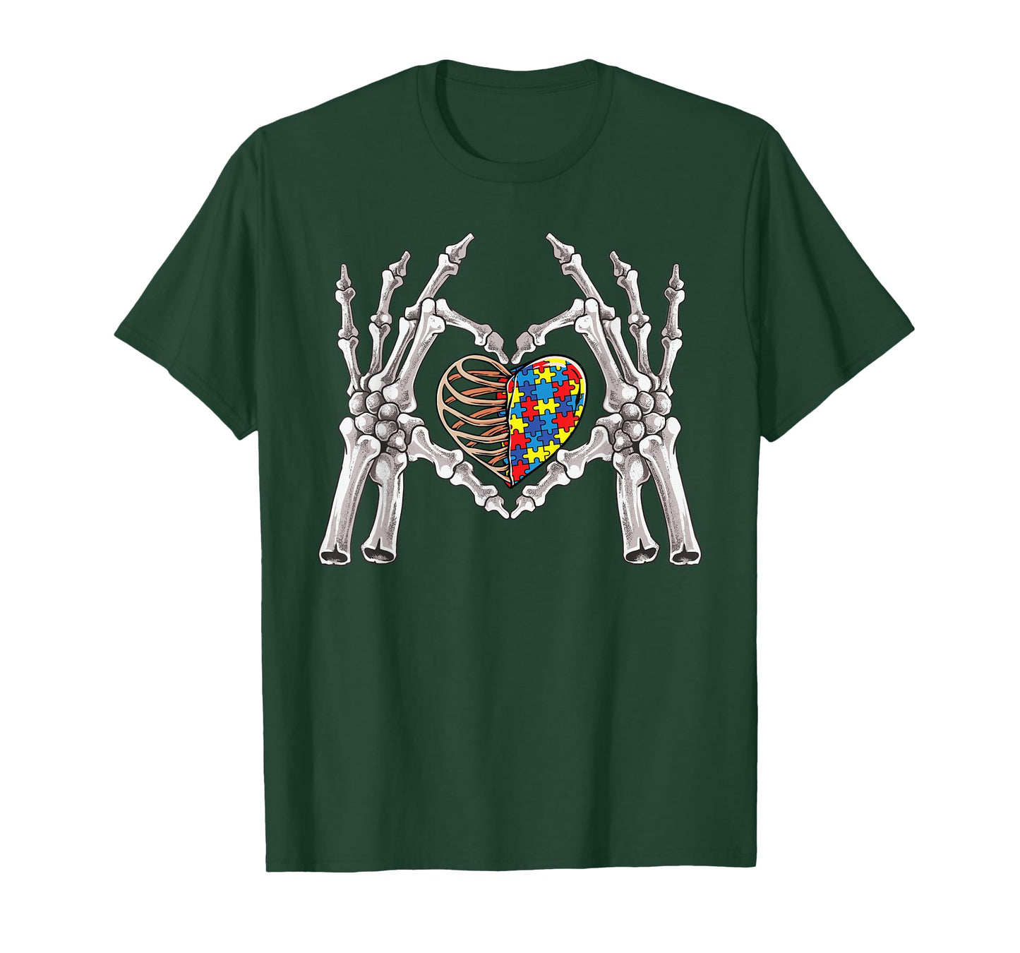 Autism Awareness Gothic Skull Hand Autism Puzzle Piece Heart T-Shirt