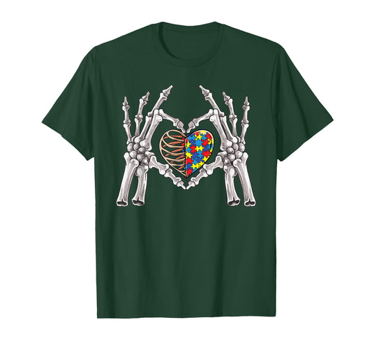 Autism Awareness Gothic Skull Hand Autism Puzzle Piece Heart T-Shirt