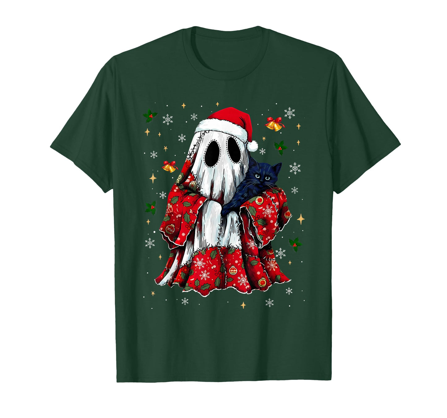 Vintage Christmas Ghost Holding Black Cat Groovy Floral T-Shirt