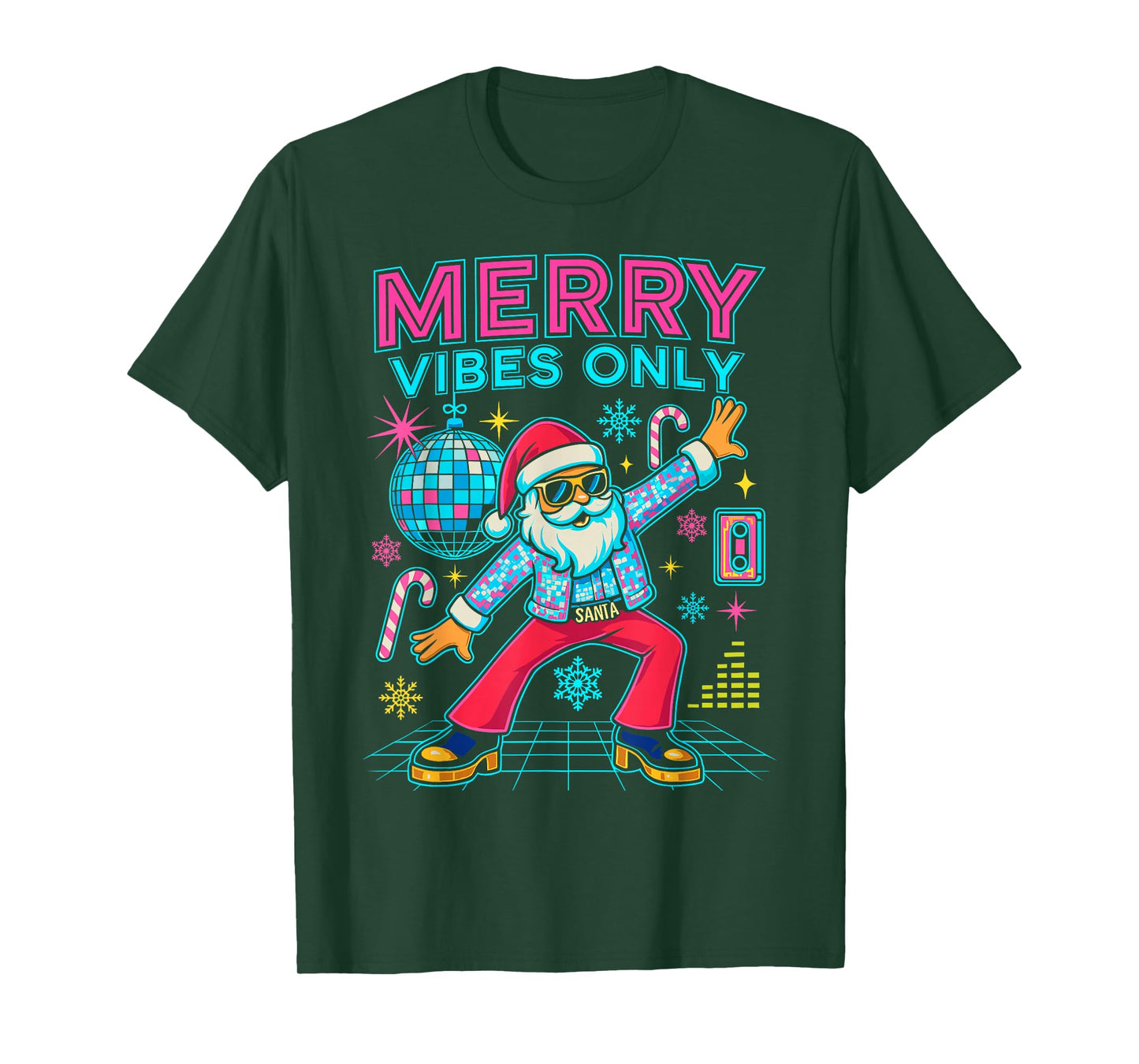 Merry Vibes Only Santa Christmas Disco Retro 70s 80s Hippie T-Shirt