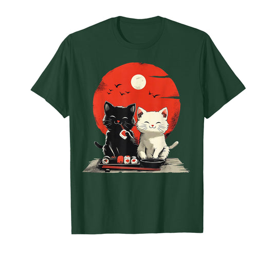 Cute Cartoon Cats Eating Sushi with Japanese Sun T-Shirt