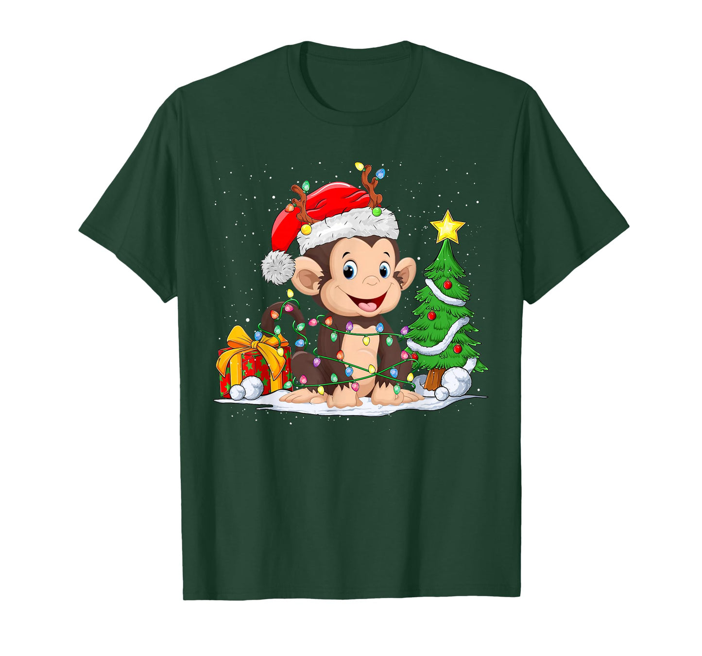 Cute Monkey Santa Christmas Tree Lights Xmas Pajama Monkey T-Shirt