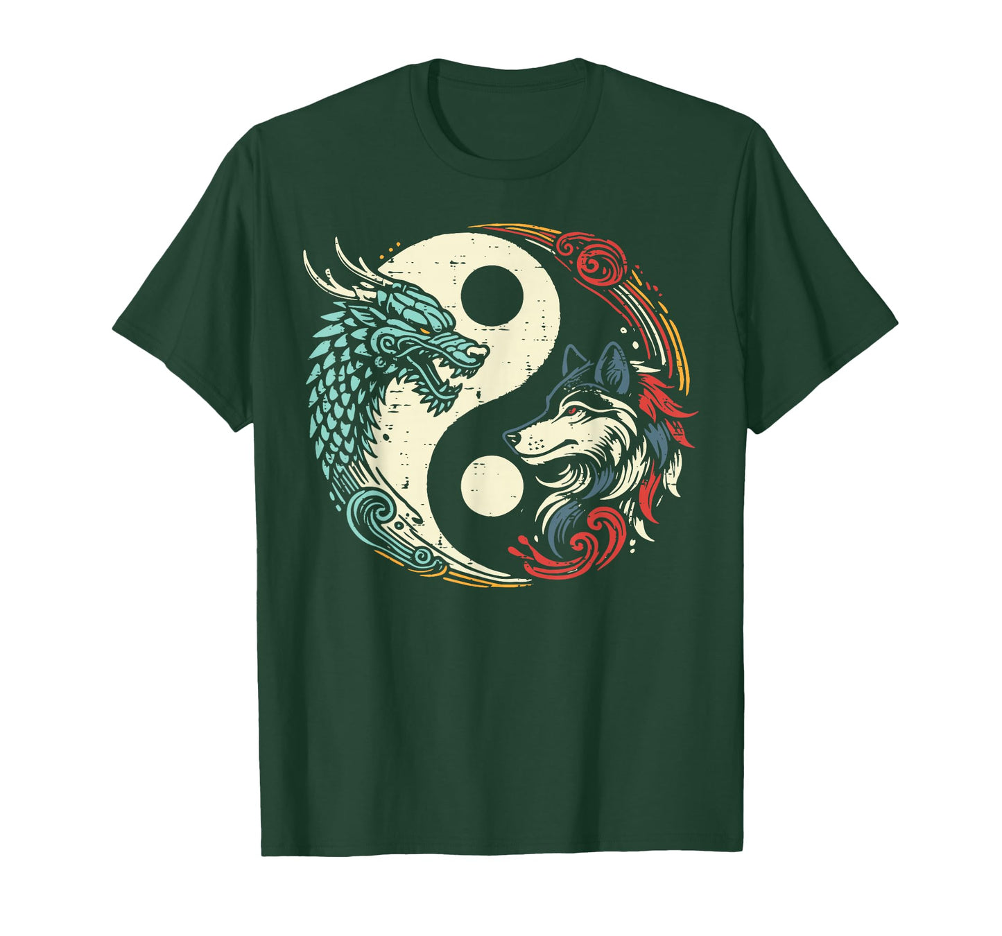 Dragon Wolf Yin Yang Chinese Mythical Zen Men Women Kids T-Shirt