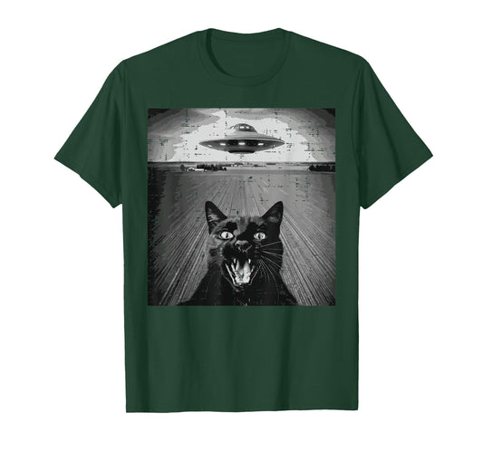Black Cat UFO Selfie Funny Meme Kitten Alien Men Women Kids T-Shirt