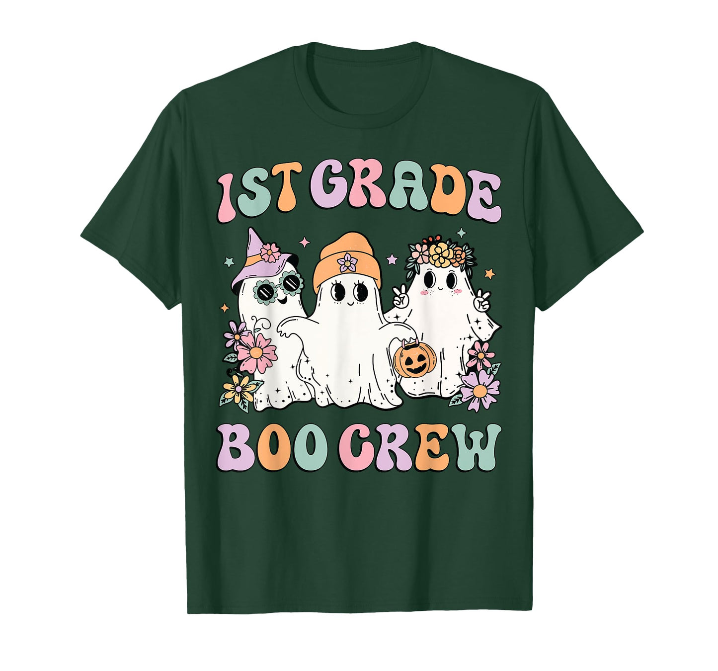 1st Grade Boo Crew Groovy Halloween Floral Ghost Kid Teacher T-Shirt