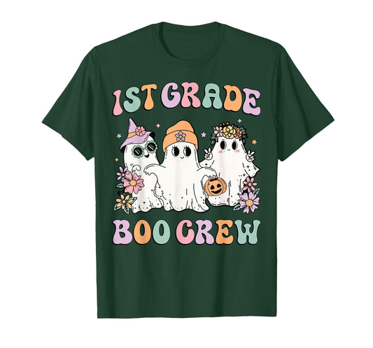 1st Grade Boo Crew Groovy Halloween Floral Ghost Kid Teacher T-Shirt