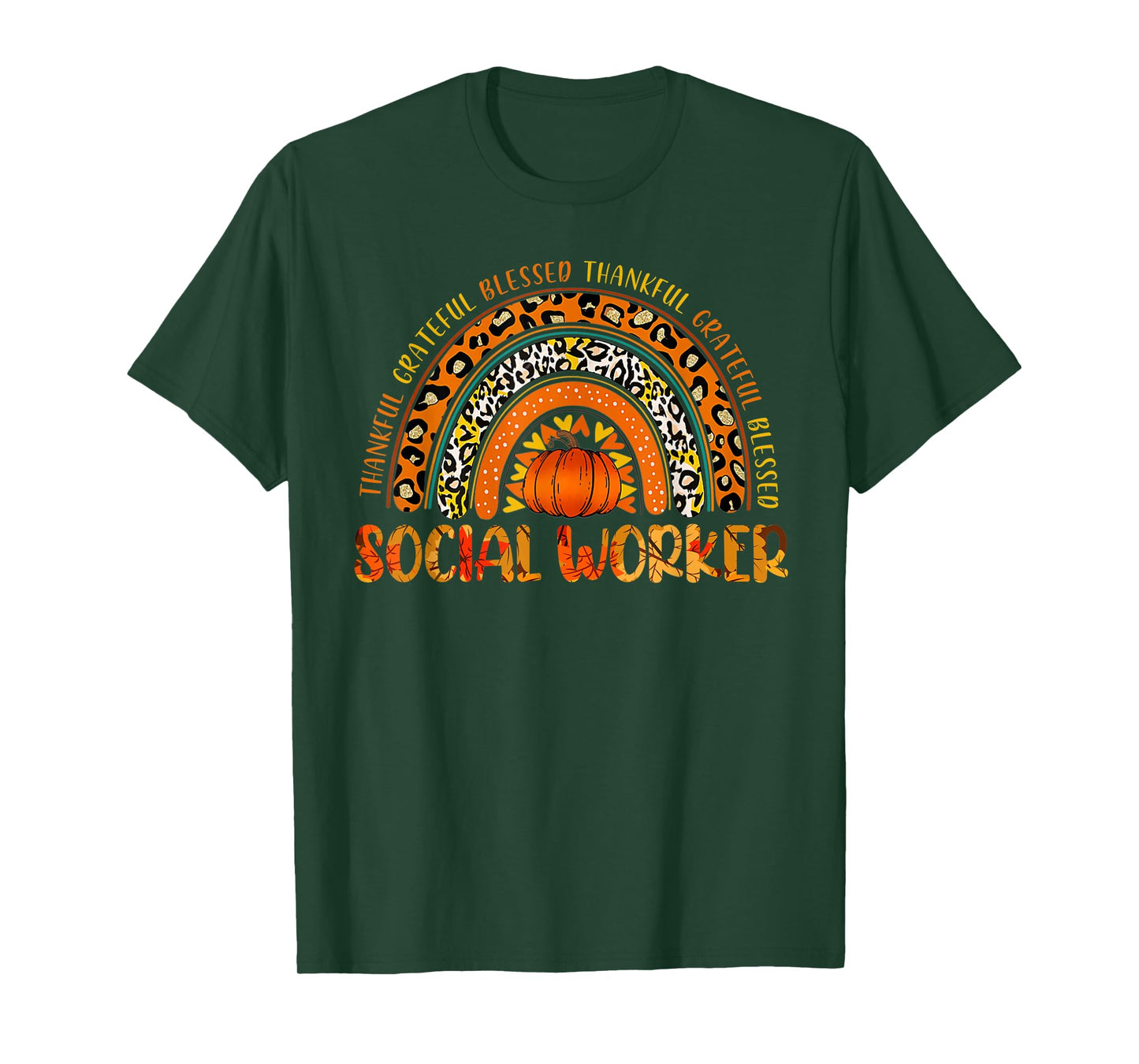 Leopard Rainbow Thankful Social Worker Pumpkin Thanksgiving T-Shirt